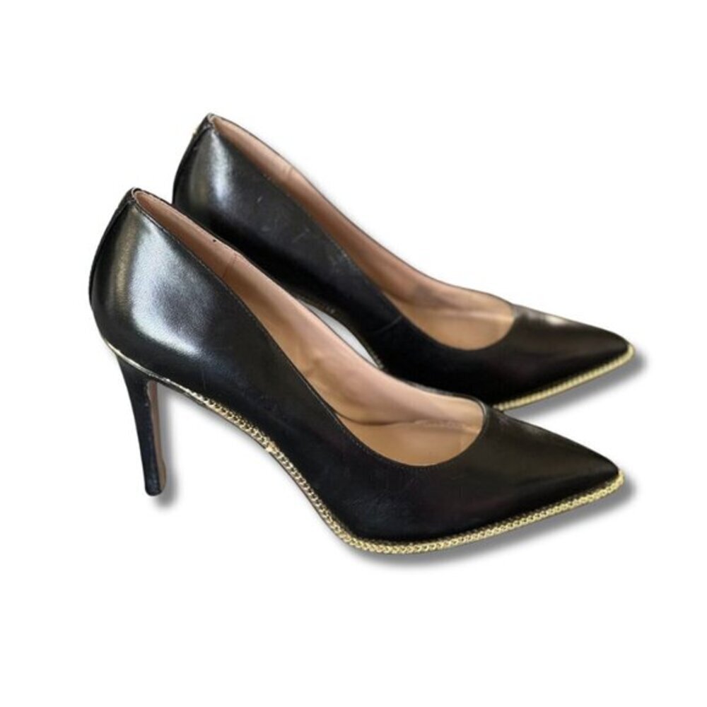 BCBGeneration Harleigh Black Genuine Leather Beadchain Trim Pumps Heels 8 B M